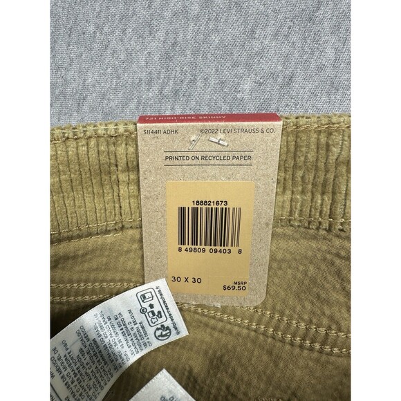 Levi's 721‎ High Rise Skinny Pants Women's W30 x L30 Brown Corduroy NWT - Picture 2 of 7